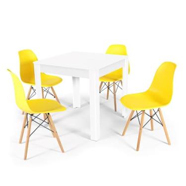 Imagem de Conjunto Mesa de Jantar Quadrada Sofia Branca 80x80cm com 4 Cadeiras Eames Eiffel - Amarelo