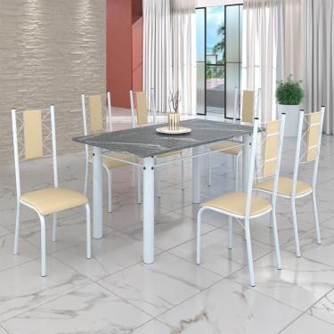 Imagem de Conjunto Sala de Jantar Bahia Mesa Tubo 140x75cm Tampo Pedra Granito Topázio com 6 Cadeiras Creme/Branco