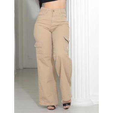 Imagem de Calça Wide Leg Feminina Faraya Jeans Bege Caqui Cargo Bolso Do Lado Pr