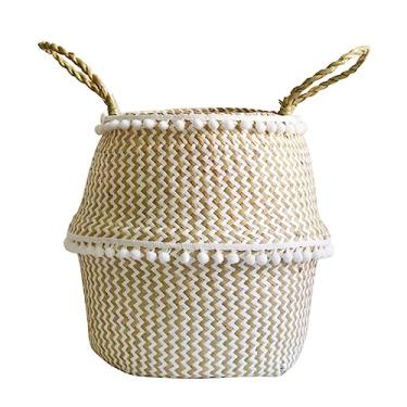 Imagem de Cestas de roupa de bebê cesta de barriga tecida à mão cesta de armazenamento de cobertor cestas de armazenamento de lavanderia cesta de cobertor tecido prateleira de balanço cestas de vime cesta de