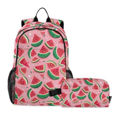 Imagem de CHIFIGNO Conjunto de mochilas escolares com fatias de melancia rosa, 2 peças, com lancheira isolada, mochila para adolescentes