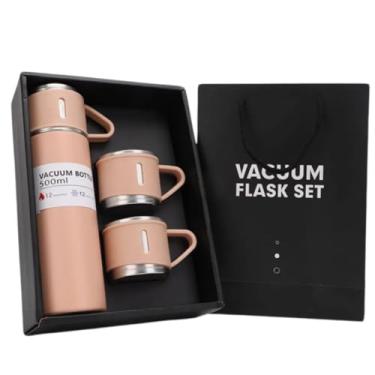 Imagem de Conjunto Frascos a Vácuo em Aço Inox, Garrafa 500ml, Embalagem Presente, Fit para Café, Chá Térmica Squeeze com 2 Canecas (Rosa)