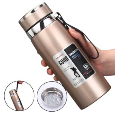 Imagem de Garrafa Térmica Inox Com Infusor Quente Fria Aço Inox Com Vedação Academia Trilha 600ml 800ml1000ml (Bege, 600ml)
