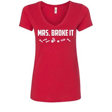Imagem de Camiseta feminina engraçada Mrs. Broke It com decote em V Dia das Mães dona de casa esposa, Vermelho, XG