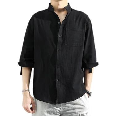 Imagem de Camisa de linho de verão masculina casual simples manga longa seção fina da camisa, Preto, 5G