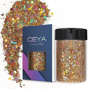 Imagem de Ceya Glitter grosso holográfico, 100 g de pó de glitter para artesanato dourado misto de flocos grossos e finos, lantejoulas iridescentes para arte de unhas, cabelo, resina epóxi, copos, geleca, pintura, decoração de festivais
