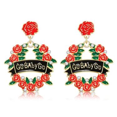 Imagem de Brincos Kentucky Derby para mulheres, traje de equitação Derby, brincos de ferradura, dia de corrida de cavalos, brincos com pingente de gota de flor rosa Kentucky Derby, acessórios para roupas e