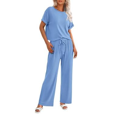 Imagem de PRETTYGARDEN Camiseta feminina de verão de 2 peças de malha de manga curta, calça de perna larga, roupa casual, Azul claro, XX-Large