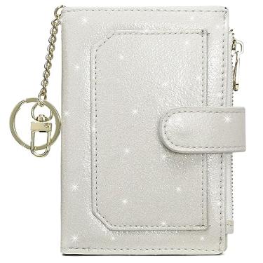Imagem de Carteira feminina RFID pequena compacta de couro dobrável com bolso com zíper, Branco com glitter, Pequeno
