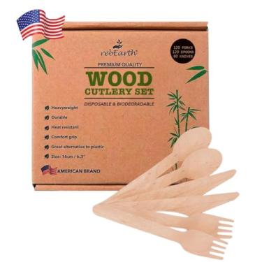 Imagem de rebEarth Conjunto de talheres descartáveis com 120 garfos, 120 colheres, 60 facas, todos naturais, ecológicos, 16 cm, durável, resistente ao calor e confortável, alternativa perfeita ao plástico para