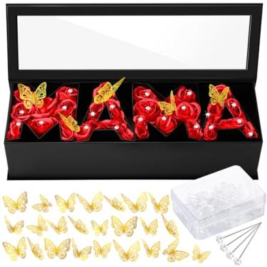 Imagem de Ireer Caixa de presente de flores vazias para Dia das Mães, caixa de papelão, em forma de letra, com forros de plástico, 50 alfinetes de buquê de cristal, 24 decorações de borboleta douradas para Dia