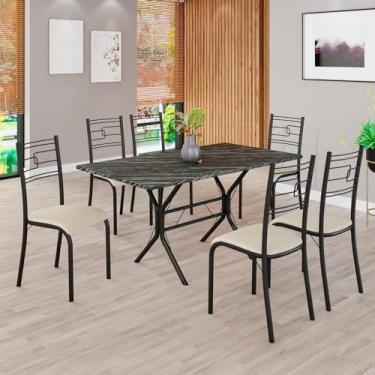 Imagem de Conjunto Sala de Jantar Mesa Retangular 140x75cm Tampo Pedra Ardósia Indiana 6 Cadeiras Paraty Creme/Preto Fosco