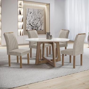 Imagem de Conjunto Mesa Arizona 120cm com 4 Cadeiras Arizona Tampo Redondo Plus com Vidro Chocolate/Off White/Bege Escuro