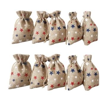 Imagem de Pacote com 20 sacos de presente de 4 × 14 cm azul vermelho branco estrela de estopa sacos de presente para festa de aniversário, Dia da Independência, Dia do Trabalho, decorações de festa