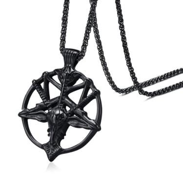Imagem de Pingente de diabo com cabeça de cabra preta, símbolo da igreja de Satanás, selo de Bafomé, colar de Lúcifer satânico, pentagrama invertido, joia para homens