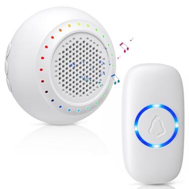 Imagem de Campainha sem fio • PHYSEN • Kits de campainha com 1 transmissor 1 receptor • À prova d'água • Operando em alcance de 305 m • 32 toques • 4 níveis de volume • Flash LED • Campainha para sala de aula