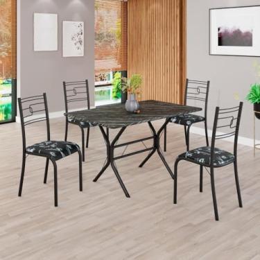 Imagem de Conjunto Sala de Jantar Mesa Retangular 100x60cm Tampo Pedra Ardósia Indiana 4 Cadeiras Paraty Preto Floral/Preto Fosco