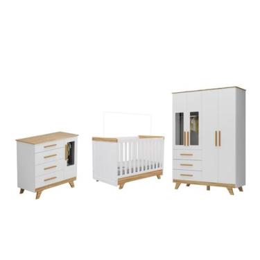 Imagem de Quarto Completo Bebe Moveis Peroba Retro 04 portas MDF, Branco Amêndoa