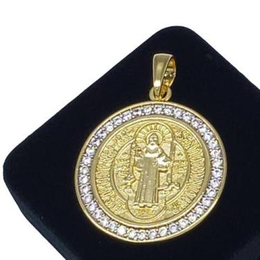 Imagem de Pingente Medalha São Bento Cravejado Zirconias Banho De Ouro 18k 4726 