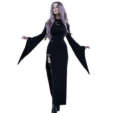 Imagem de Ypser Halloween Costume Pretty Witch Side Slit Dress Trumpet Sleeve Gothic Moon Vampire Bodycon Dress
