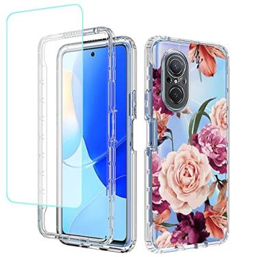 Imagem de Yerebel Capa para Nova 9 SE/Honor 50 SE JLN-LX1 JLN-LX3 com protetor de tela de vidro temperado, design floral à prova de choque, capa protetora para celular para Huawei Nova 9 SE (flor roxa)