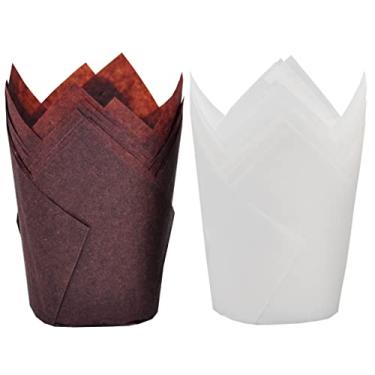 Imagem de MyBakning Copos para assar tulipas brancas + marrons de tamanho grande, 6 cm (diâmetro da base) x 10 cm (altura da parede), papel à prova de graxa, forros de muffin, caixa com 130 peças