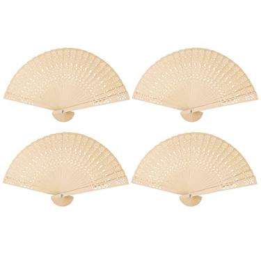 Imagem de FoDau770 Ventoinhas dobráveis de madeira, 4 peças de ventiladores portáteis de madeira clássica, leques de mão de madeira esculpida em estrela e lua com borla para cosplay, dança, decoração, festa