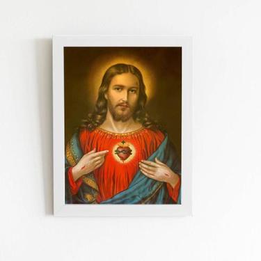Imagem de Quadro Sagrado Coração de Jesus Moldura Branca 60x40cm - PlimShop
