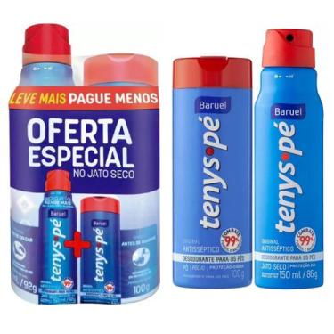 Imagem de Kit 4 Tenys Pé Desodorante Sapato Jato Seco 150ml Talco 100g - Baruel