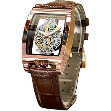 Imagem de FORSINING Relógio masculino de luxo com esqueleto vazado, retrô, lindo design de escultura retangular, com mostrador grande, cinto de couro e pulseira de aço inoxidável, relógio de pulso de quartzo, relógios não mecânicos, Marrom, ouro rosa