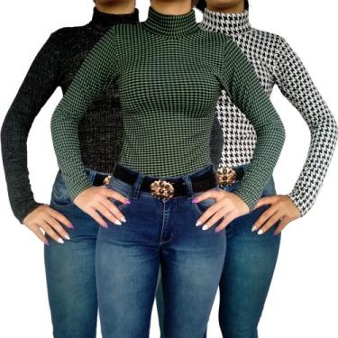 Imagem de Kit 3 Blusinhas Femininas Gola Cacharrel Manga Longa Justas Peças Sort