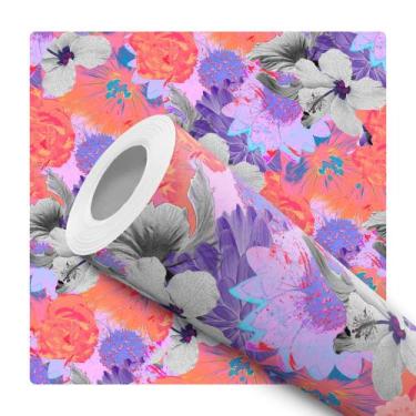 Imagem de Papel De Parede Adesivo Lavável Sala Floral Abstrato Laranja Lilás Cin