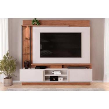 Imagem de Rack Bancada c/ Painel p/ TV até 70 Polegadas Martino Prateleira Nichos e Rodapé 200x185cm Freijó/Off White - DJ Móveis