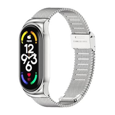 Imagem de Mejiwasmi Pulseira de substituição de metal compatível com Xiaomi Mi Band 7, pulseira de relógio para acessórios de smartwatch Miband 7 (prata milão)