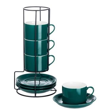 Imagem de Meichu Copos de cappuccino empilháveis de porcelana de 227 g com pires e suporte de metal, conjunto de 4 xícaras de café para café expresso, bebidas especiais, latte, americano e chá - verde