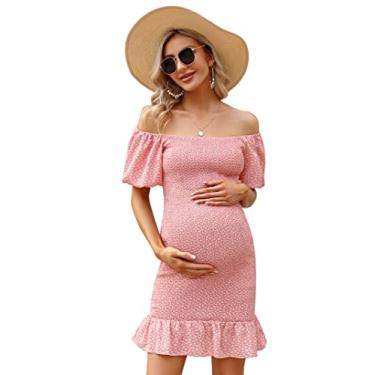 Imagem de FUNJULY Vestido feminino de maternidade com bainha com babados e decote quadrado, manga bufante, ombro de fora, vestido de verão para gestantes, rosa, P