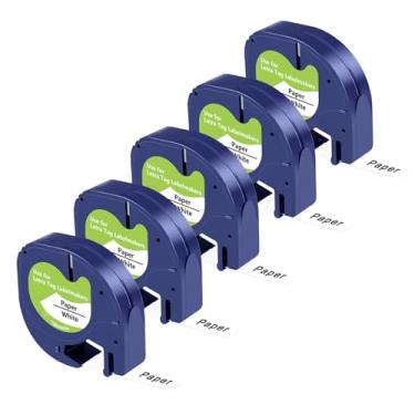 Imagem de Pacote com 5 refis de papel de substituição para impressora Dymo Letratag 91330 10697, recargas de etiquetadora preto sobre branco para impressora DYMO LetraTag LT-100H LT-100T QX50, 1/2 polegada x 33 pés