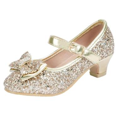 Imagem de Sevmeteor Sapatos sociais para meninas, salto baixo, sapatos de princesa, festa de casamento, Mary Jane rasteirinha para bebês/crianças pequenas, Ouro elegante, 13 Little Kid