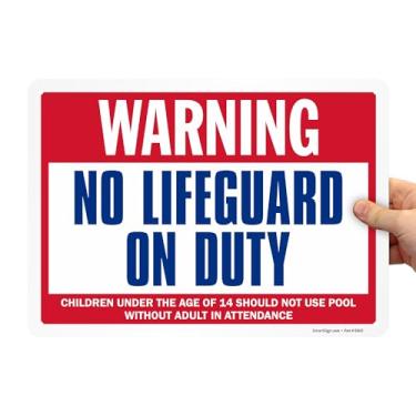 Imagem de SmartSign Placa de metal "Warning - No Lifeguard On Duty, Children Under The Age Of The Age Of The Age Of Attendance" 25,4 x 35,56 cm, alumínio laminado à prova de ferrugem de 40 mm, vermelho, azul e