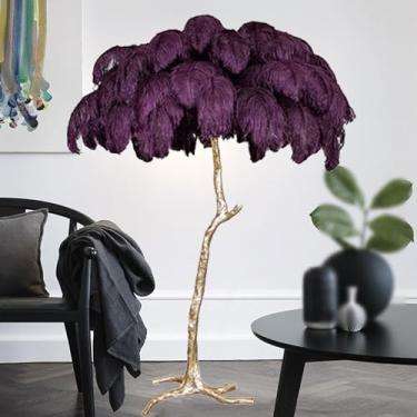 Imagem de Lâmpada de leitura de chão moderna com penas de avestruz, lâmpada alta regulável de 3 cores, luz dourada com interruptor de pé, lâmpada romântica para quarto de princesa