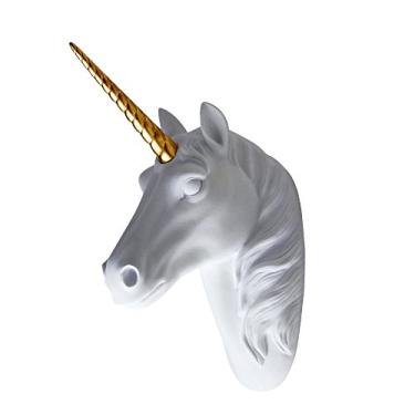 Imagem de Smarten Arts Unicorn Head Wall Decor Branca Faux Furry/Feltro/Veludo Resina Cabeça de Unicórnio Arte de parede para decoração de montagem na parede, White+gold, 5" x 8" x 13", 1