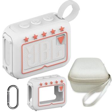 Imagem de JCHPINE Capa de silicone e capa rígida de viagem para alto-falante Bluetooth JBL Go 4 ultra portátil, acessórios para alto-falante JBL Go 4 Pro Sound Bluetooth Stand Up Holder (capa branca)