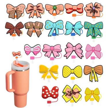 Imagem de Pacote com 20 tampas de palha com laço para copos, 10 mm bonito topo de palha à prova de poeira para garrafas de água Stanley copos acessórios presentes para mulheres lembrancinhas de festa