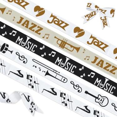 Imagem de Pacote com 5 fitas de música jazz - 1,5 cm x 3 metros cada, notas musicais fitas decorativas de gorgorão com design de guitarra trompete para aulas de música, banda, concerto, embrulho de presente,