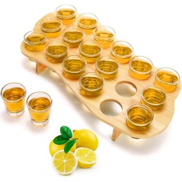 Imagem de ZEAYEA Conjunto de 18 suportes para copos de shot, copo de tequila de 48 g com suporte de bambu para licores de uísque, pequenos copos de vidro transparente, base grossa com organizador de bandeja de