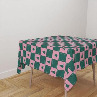 Imagem de Toalha De Mesa Quadrada Tecido Oxford Quadriculado Árvore Natal Rosa e