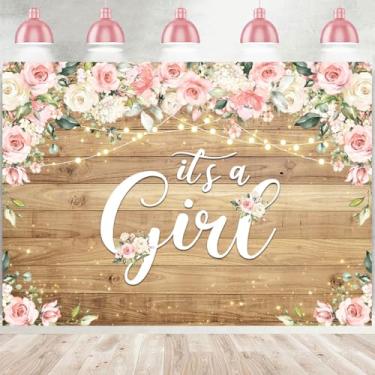 Imagem de Withu Pano de fundo floral de madeira rústica para chá de bebê, flor rosa, cordão de luzes douradas Oh Baby It's a Girl Sweet Little Princess is On The Way Tema Festa Foto Fundo Banner 2,1 x 1,5 m