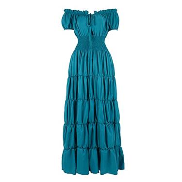 Imagem de Fantasia renascentista feminina, vestido de camisola medieval, camiseta camponesa irlandesa sob o vestido, Azul marinho, M