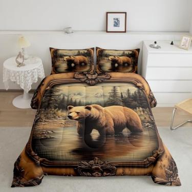 Imagem de Jogo de cama Queen com tema de animais selvagens, casa de fazenda rústica, para adolescentes, adolescentes, crianças, homens, conjunto de edredom com tema de animais selvagens, vintage, cabana de
