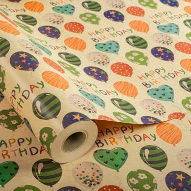 Imagem de Dtiafu Conjunto de papel de embrulho de aniversário Kraft para crianças, meninos, meninas, balão colorido e letras de feliz aniversário, embalagem de presente para festa de aniversário, chá de bebê